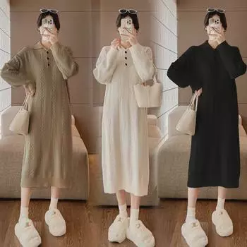 Вязаное платье для беременных: Осень/Зима 2024 г. Свободный крой, облегающий силуэт, высококачественный стиль лацканов XL кофейный