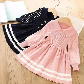 Вязаное платье для девочек. Осень-зима. Милый кукольный воротник. Искусственный жемчуг. Пуговицы. 120cm розовый