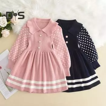 Вязаное платье для девочек. Осень-зима. Милый кукольный воротник. Искусственный жемчуг. Пуговицы. 110cm розовый