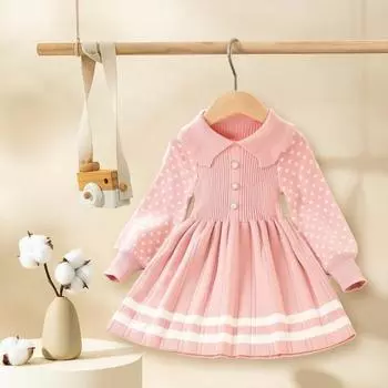 Вязаное платье для девочек. Осень-зима. Милый кукольный воротник. Искусственный жемчуг. Пуговицы. 110cm розовый