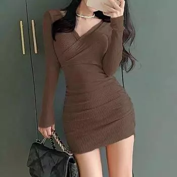 Вязаное платье для женщин, модная праздничная одежда, женское сексуальное платье с глубокими V-образными воротниками S чёрный