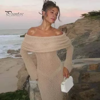 Вязаное платье макси для женщин с длинным рукавом, прозрачное открытое плечо, элегантное длинное платье для вечеринок, пляжа S белый