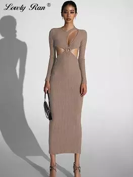 Вязаное платье миди с открытой спиной и вырезом, женские платья цвета хаки с круглым вырезом и длинными рукавами, женский облегающий наряд S хаки