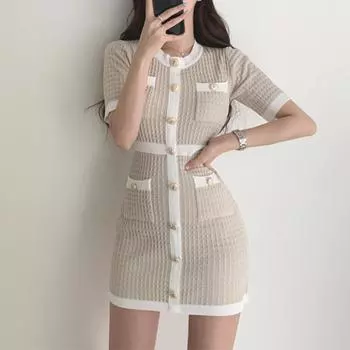 Вязаное платье на пуговицах, облегающее мини-платье Curto, корейское летнее сексуальное вечернее элегантное черное платье Moda Feminina Ropa Mujer S чёрный