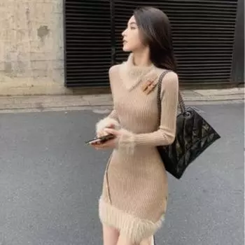 Вязаное платье осень и зима женское новое высокое качество и миниатюрный темперамент, что пуловер сплошной женский вязаный one size хаки
