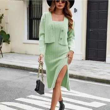 Вязаное платье осень-зима из двух частей, однотонный кардиган с халтером, вязаный комплект с длинными рукавами, удобный, универсальный и модный S серый