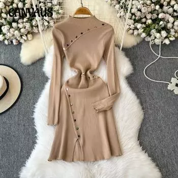 Вязаное платье ручной работы с заклепками по-французски, нежное женское платье, пригородное, с высоким чувством, трикотажное платье, нижние платья One Size кофейный