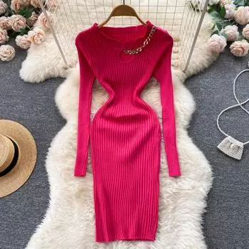 Вязаное платье RUGOD, новинка осени и зимы, облегающее и утягивающее платье-свитер средней длины длиной выше колена, облегающее платье-свитер