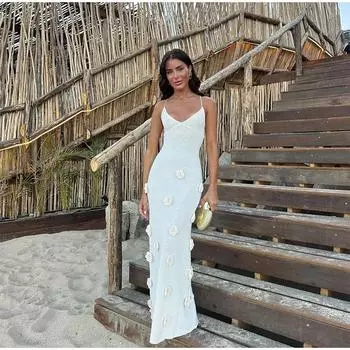 Вязаное платье с 3D цветком, женское платье без рукавов с v-образным вырезом, длинные пляжные летние тонкие женские халаты S абрикосовый