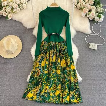 Вязаное платье с длинными рукавами и воротником Senior Sense Temperament, элегантное свободное платье с тонкой талией и принтом S зелёный