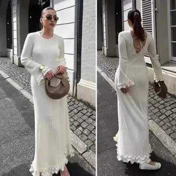 Вязаное платье с вырезом сзади на шнуровке и открытой спиной, однотонное длинное платье с рюшами и отделкой L белый