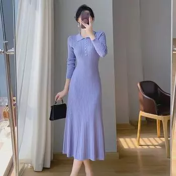 «Вязаное платье-свитер А-силуэта во французском стиле»: Женское длинное платье-пальто осень/зима Large абрикосовый