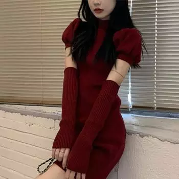 Трикотажное платье-свитер для вечеринки, женское, повседневное, сексуальное, тонкое, Y2k, мини-платье, вечернее, офисное, женское, весеннее, цельное платье, корейская мода S бежевый