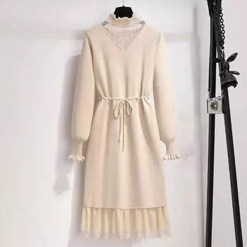 Вязаное платье-свитер с подкладкой, женское осенне-зимнее повседневное шерстяное платье с полувысоким воротником, свитер средней длины, пуловер, женский