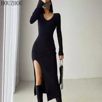 Вязаное платье-свитер с разрезом, весна-осень, французские женские облегающие облегающие платья выше колена, вязаные на бедрах One Size чёрный