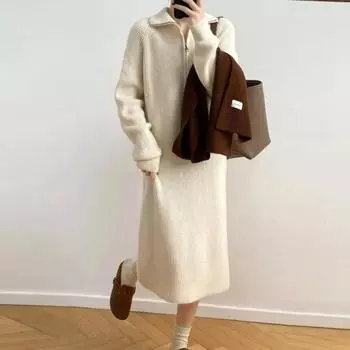 Вязаное платье-свитер с застежкой-молнией и лацканами, женское осенне-зимнее длинное шерстяное платье с высоким воротом, прямое французское платье с длинными рукавами, женское One Size чёрный