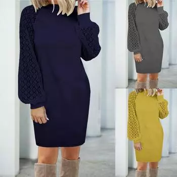 Вязаное платье-свитер, женское кружевное платье с длинными рукавами, свободные платья, осенне-зимнее платье-пуловер S чёрный