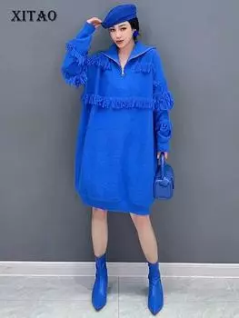 Вязаное платье XITAO с водолазкой и молнией с кисточками HQQ1648