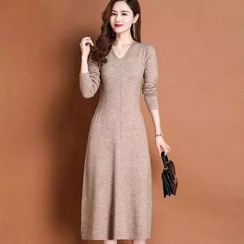 Вязаное платье женское, осень 2023, темпераментное платье с v-образным вырезом, весенне-осеннее, однотонный свитер с длинными рукавами, длинное платье, пуловер, женский