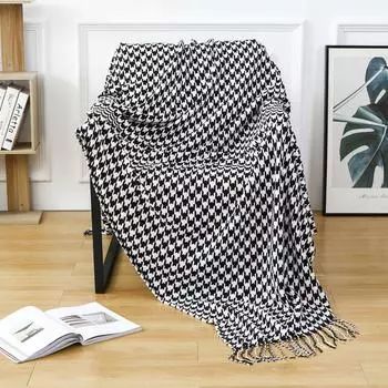 Вязаное покрывало с кисточками в клетку «гусиные лапки» Мягкое теплое уютное легкое покрывало для дивана Декоративное одеяло для дивана-кровати Диван-диван 65*240CM tassels белый/чёрный