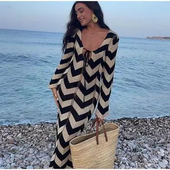 Вязаное полосатое макси-женское платье с рюшами по подолу и v-образным вырезом на шнуровке с длинными рукавами, летний женский пляжный халат L