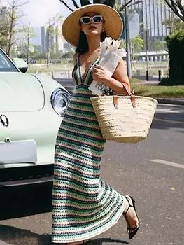 Вязаное полосатое платье на бретелях, женское летнее платье-футляр с v-образным вырезом, сексуальные вечерние платья с открытой спиной, женское пляжное платье без рукавов в стиле бохо S зелёный