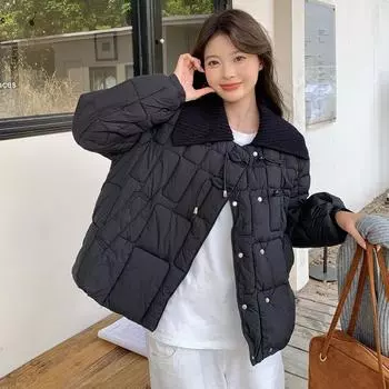 Вязаное пуховое пальто на пуговицах, приталенное короткое повседневное пуховое пальто, теплое пальто M чёрный