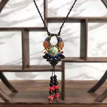 Вязаное вручную ретро агатовое ожерелье женское универсальное длинное темпераментное нефритовый кулон цепочка для свитера аксессуары