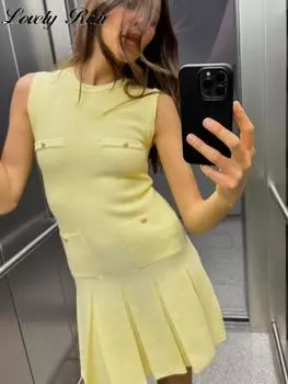 Вязаное желтое мини-летнее тонкое платье без рукавов с круглым вырезом и карманами для женщин L жёлтый