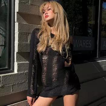 Вязаное женское платье с кисточками и открытой спиной, черное с длинными рукавами, летнее мини-пляжное облегающее платье Y2K, сексуальный вечерний клубный наряд S чёрный