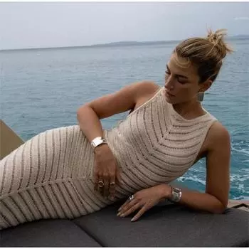 Вязаное женское пляжное платье без рукавов, осеннее платье с боковым разрезом, прозрачное длинное женское платье длиной до пола, отпускной халат S абрикосовый