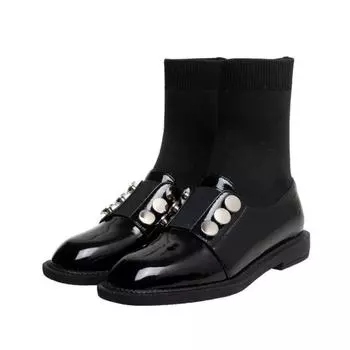 Вязаные эластичные ботинки, женские носки, ботинки, черные туфли из коровьей кожи на плоской подошве, ботильоны с украшениями на пуговицах 35 чёрный
