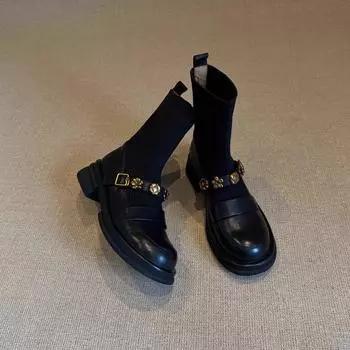Вязаные эластичные короткие сапоги в британском стиле, женские, осенние, новые, Мэри Джейн, камелия, металлический цветок, носки, сапоги на среднем каблуке 35 чёрный