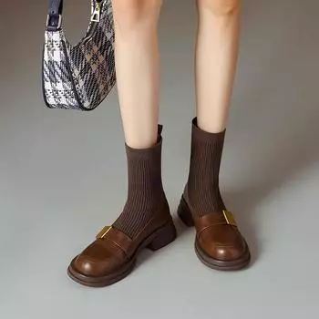 Вязаные эластичные тонкие сапоги женские 2024 новые модные темпераментные модные сапоги толстый каблук толстая подошва сапоги Martin 35 коричневый