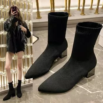 Вязаные ботильоны женские туфли женские с острым носком эластичные толстые квадратные каблуки средней длины модные короткие сапоги-носки 35