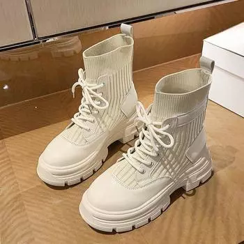 Вязаные ботинки Martin Flyknit женские осенне-зимние новые туфли на высоком каблуке с круглым носком удобные и универсальные короткие ботинки 35 чёрный