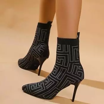 Вязаные ботинки-носки для женщин, стильные ботильоны, женские пикантные ботинки на высоком каблуке-шпильке с острым носком, удобные ботильоны до середины икры