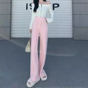 Вязаные брюки, зимние женские брюки с высокой талией, свободные драпированные брюки для мытья полов, однотонные широкие брюки женские One Size бежевый