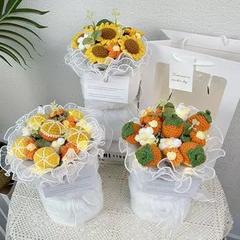 Вязаные цветы реквизит для фотосъемки подсолнух пух ручной работы букет своими руками подарок