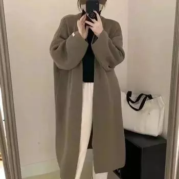 Вязаные длинные кардиганы для женщин, пальто, однотонный свитер осень-зима, ажурная вязка, модная верхняя одежда, элегантный повседневный кардиган One Size чёрный