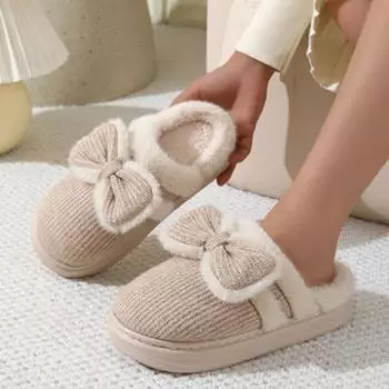 Вязаные домашние тапочки из хлопка с бантом, женские, с толстой подошвой, мягкие, пушистые, меховые, женские, удобные, нескользящие, для дома, хлопковые туфли 36-37 бежевый