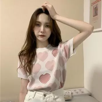 Вязаные футболки с узором в виде сердца для женщин, повседневные футболки для девочек, уличная одежда, женская одежда для вечеринок M розовый