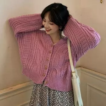 Вязаные кардиганы, свитера для женщин, свободный крой, повседневная куртка на пуговицах с длинными рукавами и v-образным вырезом, однотонный укороченный топ One Size