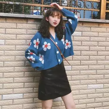 Вязаные кардиганы в консервативном стиле с цветочным принтом, винтажные женские свободные кардиганы с v-образным вырезом, утолщенные короткие повседневные пиджаки с принтом S чёрный