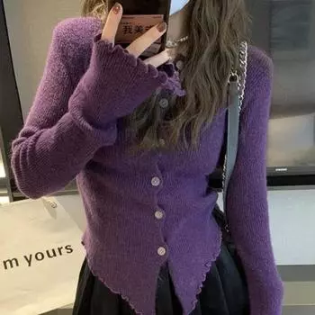 Вязаные кардиганы женские однотонные с V-образным вырезом простые корейские модные универсальные топы Y2k повседневные свитера эстетичная одежда One Size фиолетовый