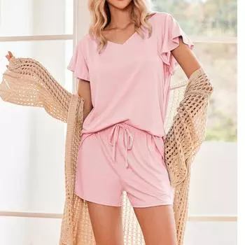 Вязаные комплекты для женщин, комплект из 2 предметов, топ с короткими рукавами и шорты, пижамные комплекты, спортивный костюм, спортивные костюмы