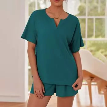 Вязаные комплекты для женщин, комплект из 2 предметов, топ с короткими рукавами и шорты, пижамные комплекты, спортивный костюм, спортивные костюмы L