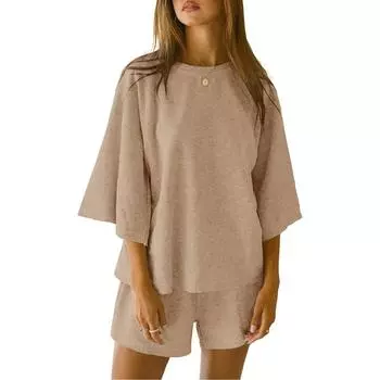 Вязаные комплекты для женщин, комплект из 2 предметов, топ с короткими рукавами и шорты, пижамные комплекты, спортивный костюм, спортивные костюмы