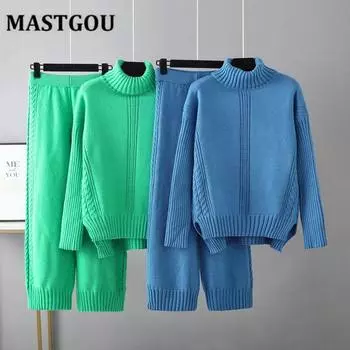 Вязаные костюмы с широкими брюками, комплекты из 2/2 предметов, плотный женский свитер с высоким воротником + широкие брюки, женский свитер, спортивные костюмы One Size синий