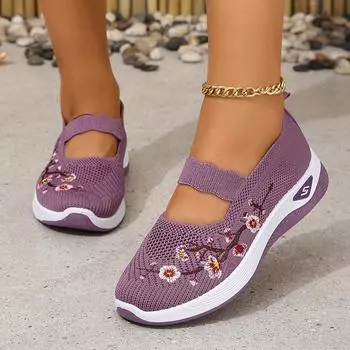 Вязаные кроссовки с цветочной вышивкой для женщин 2024 года, осенние туфли на плоской подошве из дышащей сетки, женские мокасины на толстой подошве, женские 42 36 чёрный